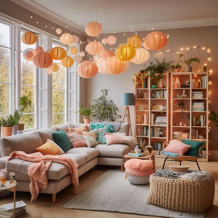 Espace Pause parental, plus cosy, 2 grandes baies vitrées, un grand canapé d'angle ton claie, avec des coussins de couleur turquoise et orange, table basse, poufs, des étagères et au plafond des luminaires suspendues en formes rondes de différentes teintes d'orange