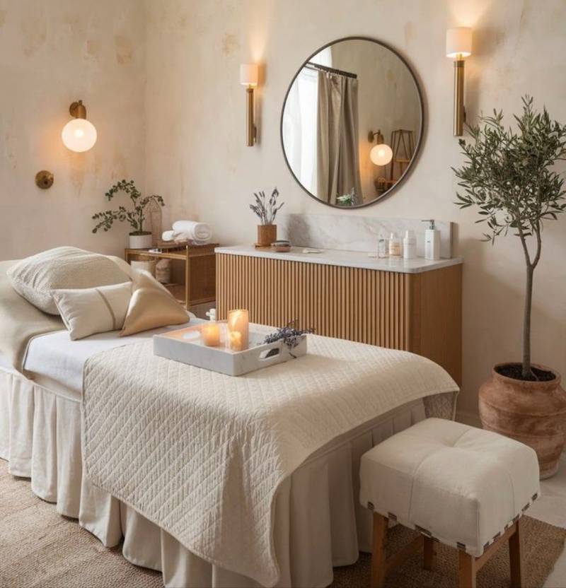 Salle bien-être, décor sobre clair, une table de massage, des bougies, un grand miroir rond au murs.